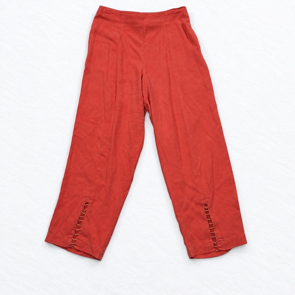 Vintage Red Silk High Waisted Tapered Pants Beaded Hem Detail Red Size Medium